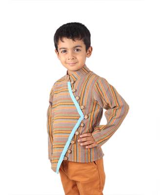 Brown Multicolored printed Stripes cotton boys-shirt 3