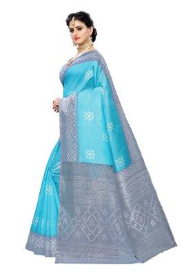 Green printed art silk saree with blouse 2