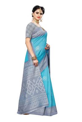 Green printed art silk saree with blouse 3