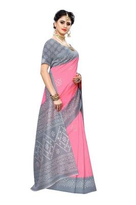 Pink printed art silk saree with blouse 3