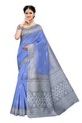 Blue printed art silk saree with blouse 1