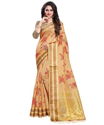 Beige printed linen saree with blouse 1