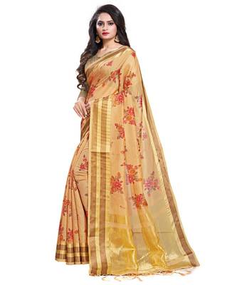 Beige printed linen saree with blouse 3
