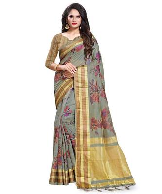 green printed linen saree with blouse 1