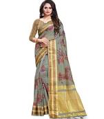 green printed linen saree with blouse