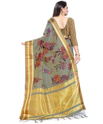 green printed linen saree with blouse 2