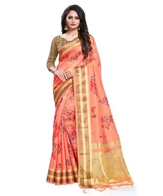 Peach printed linen saree with blouse 1