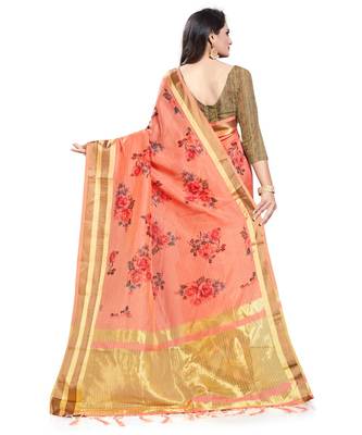 Peach printed linen saree with blouse 2