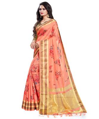 Peach printed linen saree with blouse 3