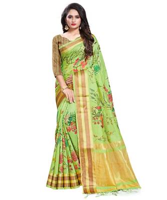 Green printed linen saree with blouse 1