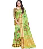 Green printed linen saree with blouse