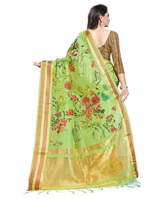Green printed linen saree with blouse 2