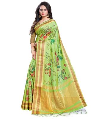 Green printed linen saree with blouse 3