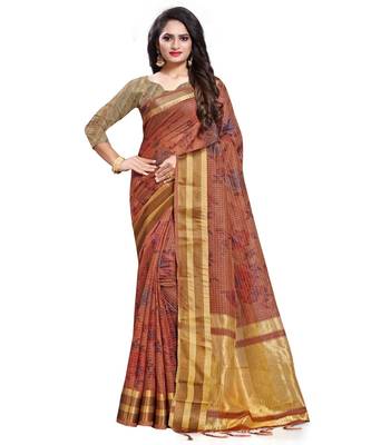 Brown printed linen saree with blouse 1
