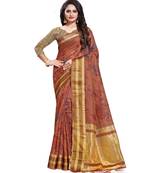 Brown printed linen saree with blouse