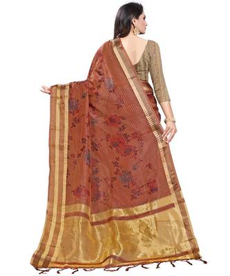 Brown printed linen saree with blouse 2