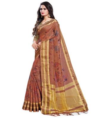 Brown printed linen saree with blouse 3