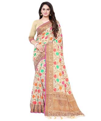 Cream printed cotton saree with blouse 1