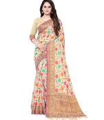 Cream printed cotton saree with blouse