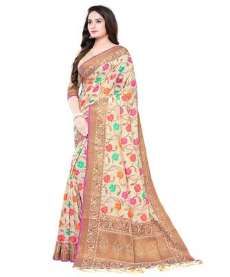 Cream printed cotton saree with blouse 3