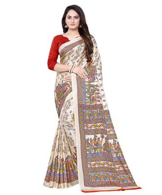 Cream printed art silk saree with blouse 1