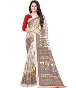 Cream printed art silk saree with blouse