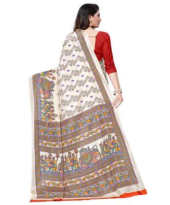 Cream printed art silk saree with blouse 2