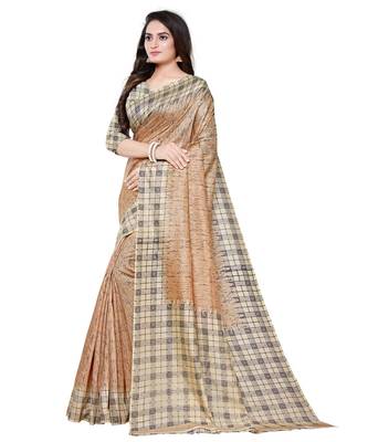 Beige printed art silk saree with blouse 3