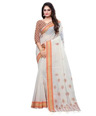 Cream printed cotton saree with blouse 1