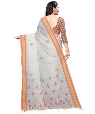 Cream printed cotton saree with blouse 2