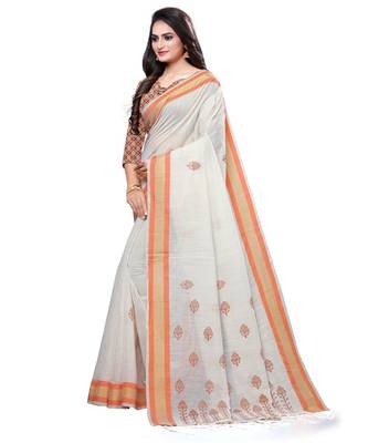 Cream printed cotton saree with blouse 3