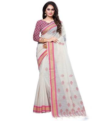 Cream printed cotton saree with blouse 1