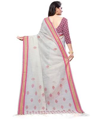 Cream printed cotton saree with blouse 2