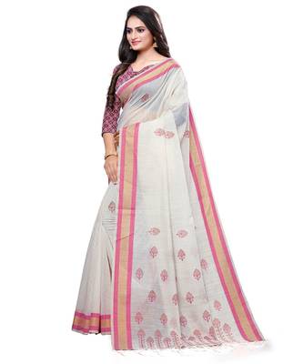Cream printed cotton saree with blouse 3