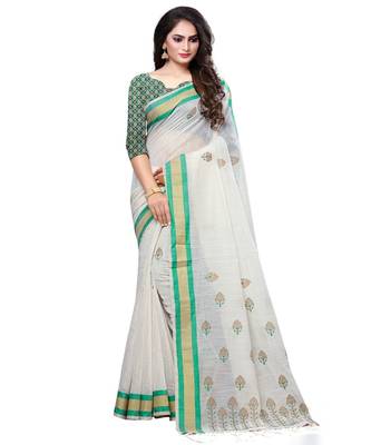 Cream printed cotton saree with blouse 1