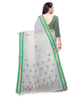 Cream printed cotton saree with blouse 2