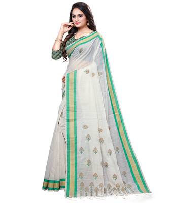 Cream printed cotton saree with blouse 3