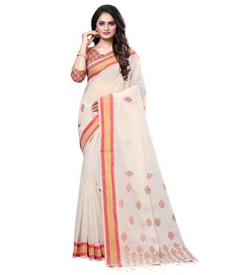 Cream printed cotton saree with blouse 1