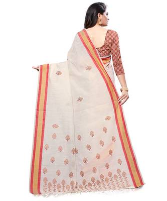 Cream printed cotton saree with blouse 2