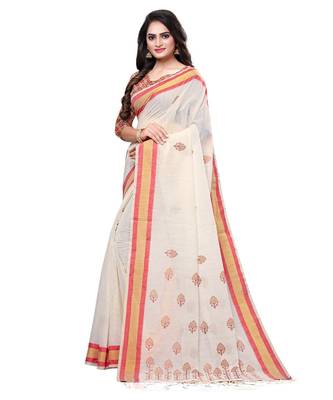 Cream printed cotton saree with blouse 3