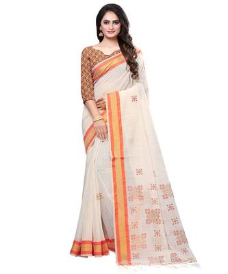 Cream printed cotton saree with blouse 1