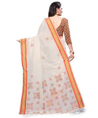Cream printed cotton saree with blouse 2