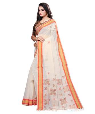 Cream printed cotton saree with blouse 3