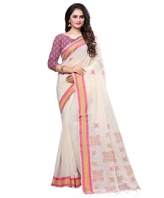 Cream printed cotton saree with blouse 1