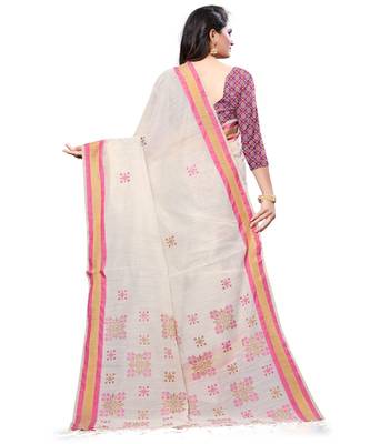 Cream printed cotton saree with blouse 2