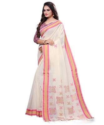 Cream printed cotton saree with blouse 3
