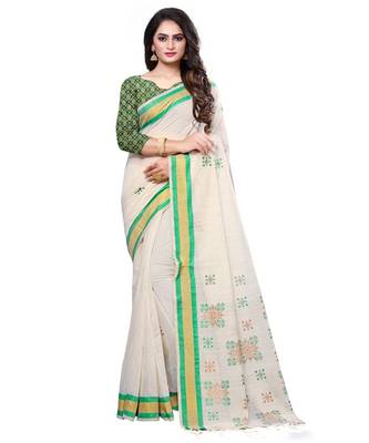 Cream printed cotton saree with blouse 1