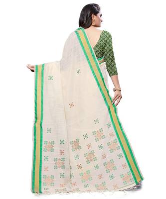 Cream printed cotton saree with blouse 2