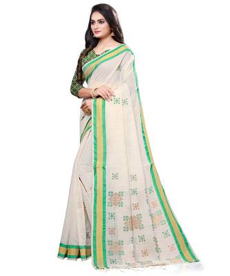 Cream printed cotton saree with blouse 3