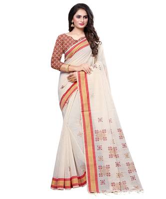 Cream printed cotton saree with blouse 1